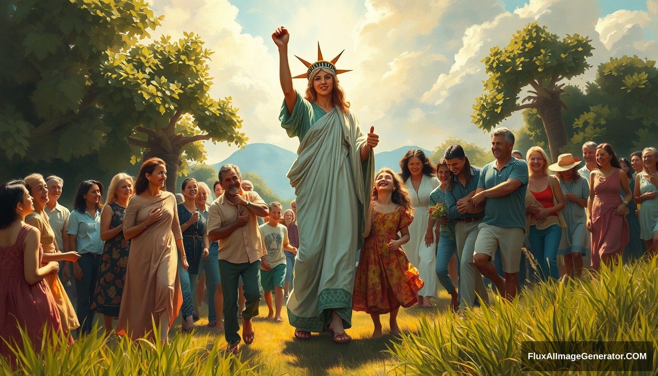 Oil painting style with a powerful and inspiring image depicting the concept of freedom and food sovereignty. In the foreground, a goddess symbolizing decentralized and blockchain leads the people towards a bright future, reminiscent of the iconic painting 'Liberty Leading the People.' She is surrounded by families and individuals who are joyous and supportive, embracing and helping each other. The scene is vibrant and full of hope, capturing the essence of unity, progress, and decentralized, family-based agricultural production. Light shines from the front, illuminating the scene.