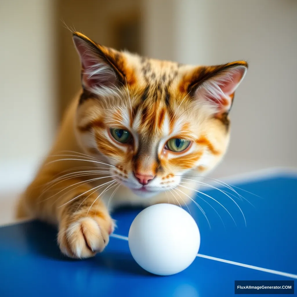 A yellow and black cat is playing with a ping pong ball.