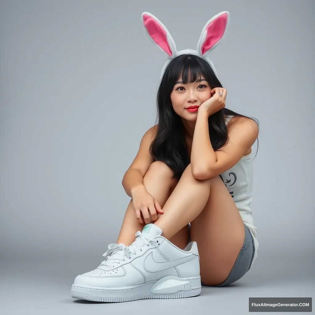 Asian woman wearing rabbit ears and Nike shoes.