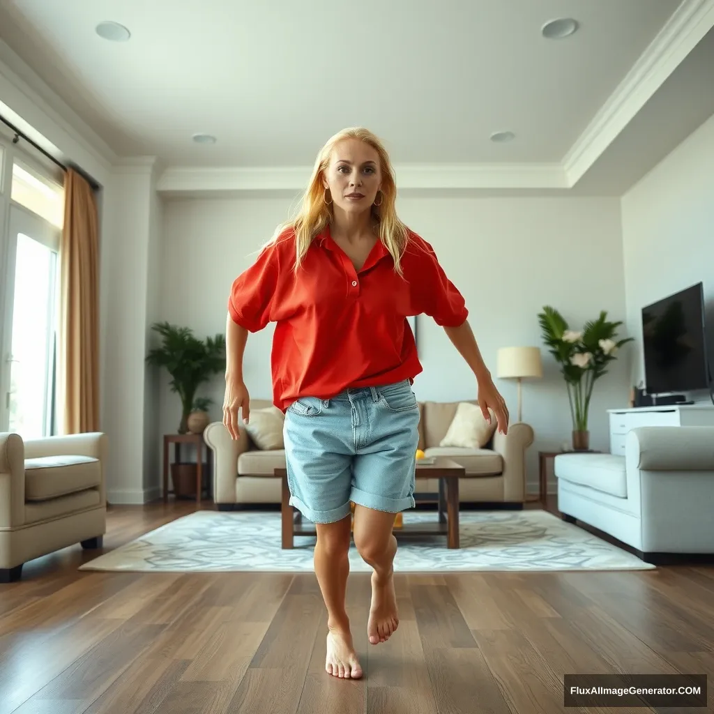 Front view of a skinny blonde woman in her huge living room, wearing a massively oversized red polo shirt that hangs unevenly on one shoulder. She is dressed in large light blue denim shorts that reach her knees and is barefoot. Facing the camera, she gets off her chair and runs towards the camera with her arms straight down at her sides.