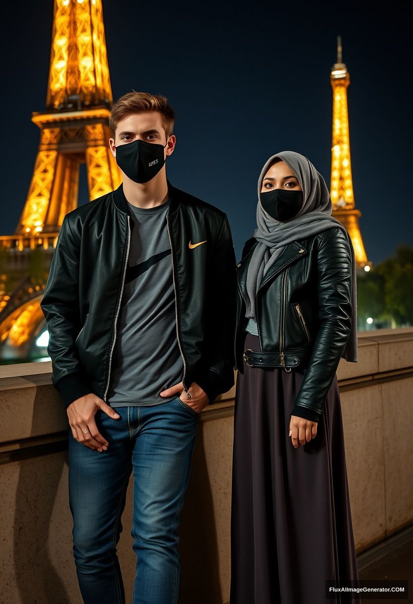 Jamie Dornan, youngest, black face mask, collage jacket, Nike t-shirt, jeans, tall man, fit body,

Dating, love with the biggest grey hijab Muslim girl, beautiful eyes, black face mask, leather jacket, biggest longest skirt, cute short girl,

standing by a wall, an Eiffel Tower, night scenery, hyper-realistic, photorealistic, street photography.