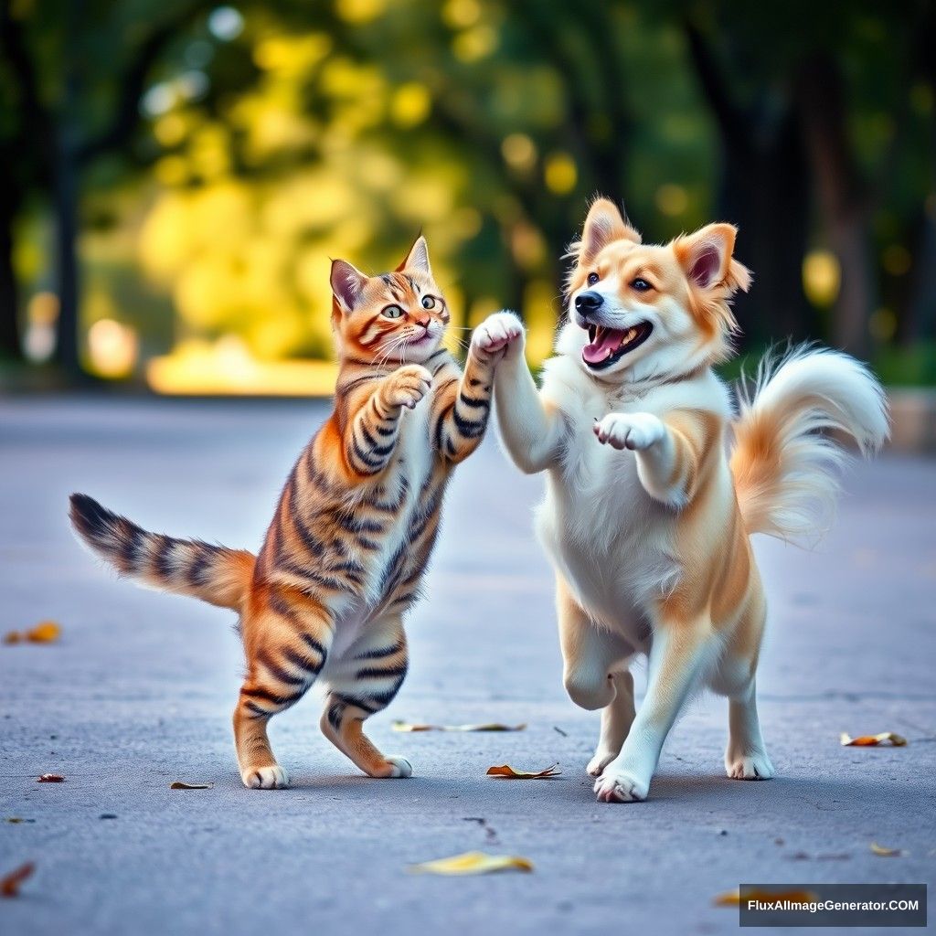 A whimsical dance duo of a playful cat and an amused dog, set against a backdrop of a sunlit park. The cat, with its graceful movements, is mid-dance, while the dog, with a wagging tail, is eagerly following suit. The scene is filled with laughter and joy, as the two animals dance together, creating a heartwarming spectacle.