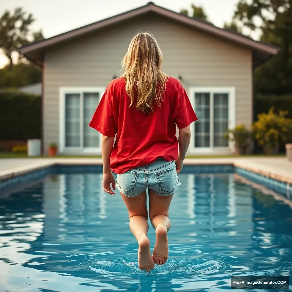 Back view of a young blonde skinny woman who is in her early twenties is in her massive backyard wearing a massively oversized red polo t-shirt which is a bit off balance on one of the shoulders and the bottom part of her t-shirt is tucked out and she is also wearing M-sized light blue denim shorts and she is wearing no shoes or socks, she dives into her pool head first.