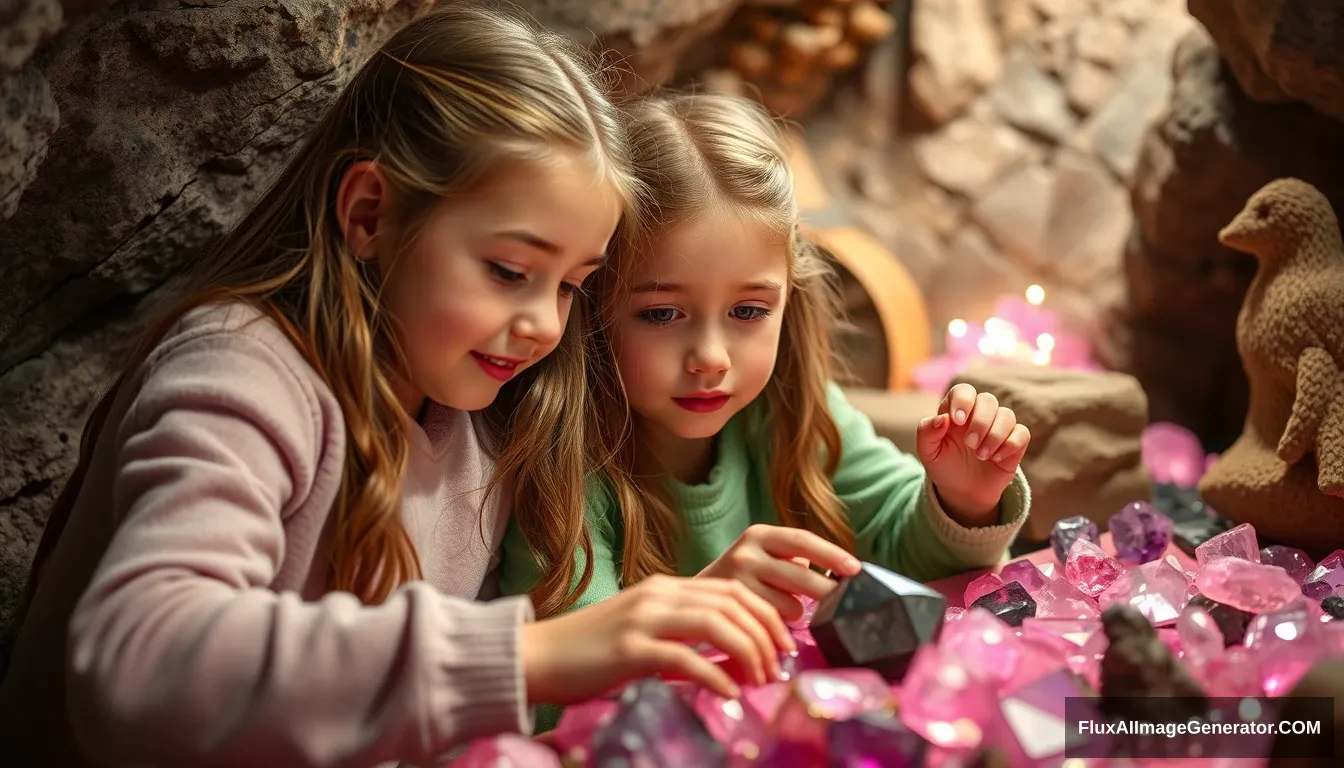 Young girls mine for sparkly pink and purple gemstones in an atmospheric cozy gem mine.