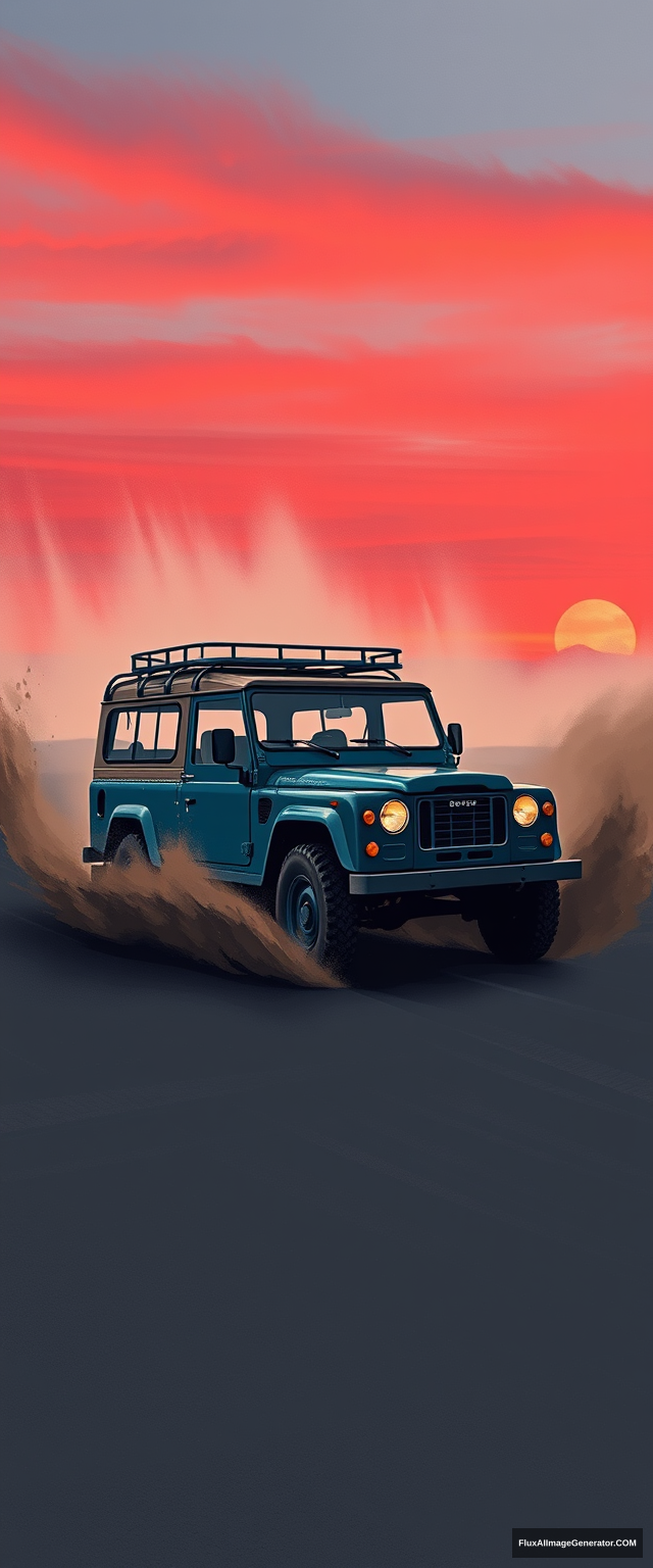 Create a wall-paint illustration of rough strokes, muted colors, a navy-blue "Steyr Puch Haflinger" adventure car (accurately) crossing on black-greyish sand, creating splashing sands everywhere. Setting of 1960s Mount Bromo, East Java, Indonesia. Dust, sunset. Red-blue sky. Dramatic. - Image