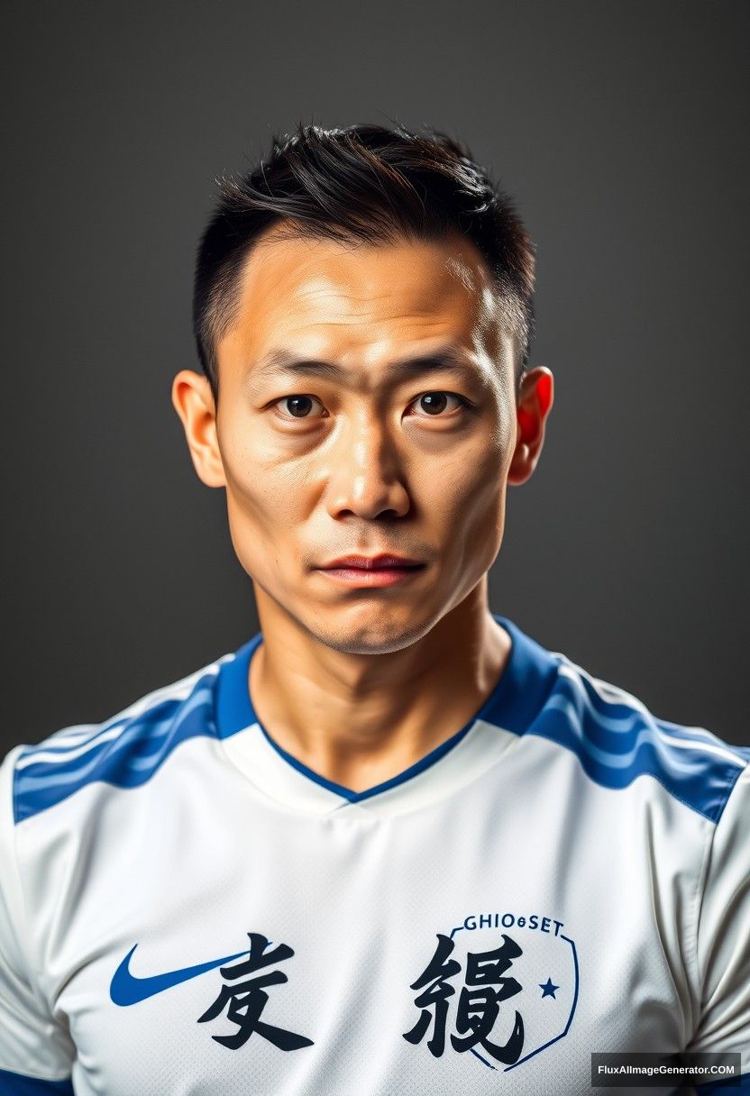 A high-quality portrait photo of a Chinese man with fair and delicate skin, wearing a white short-sleeved soccer jersey with blue cuffs and collar, with the Chinese word "幽灵" (Ghost) written on the chest. He is striking a confident and imposing pose, with a determined look in his eyes and a bright gaze. It is a mid-range player portrait shot, with Rembrandt lighting in a studio setting, featuring bright and soft lighting against a gray background. - Image