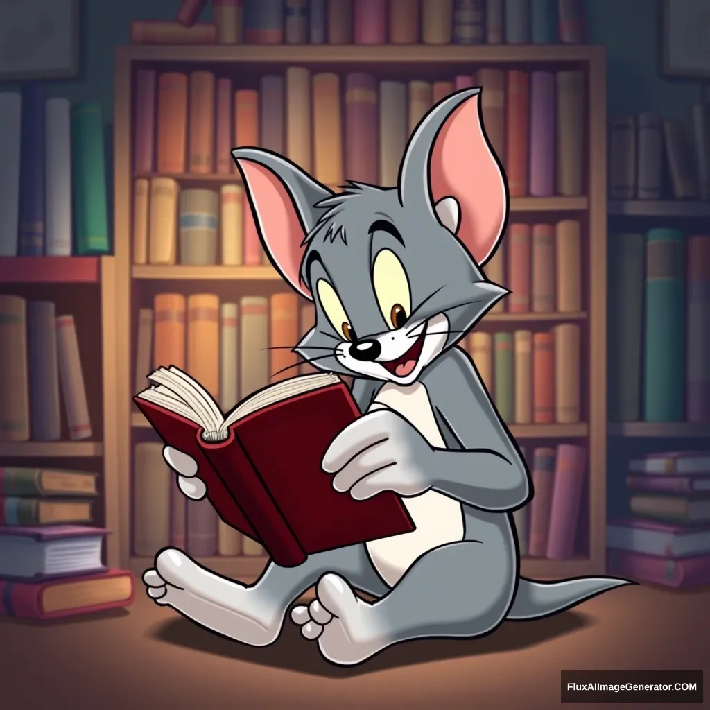 "Please bring to life the image of Jerry from Tom and Jerry. Jerry is reading a book in his room, and the background should create a space filled with bookshelves. Please describe Jerry's characteristics well."