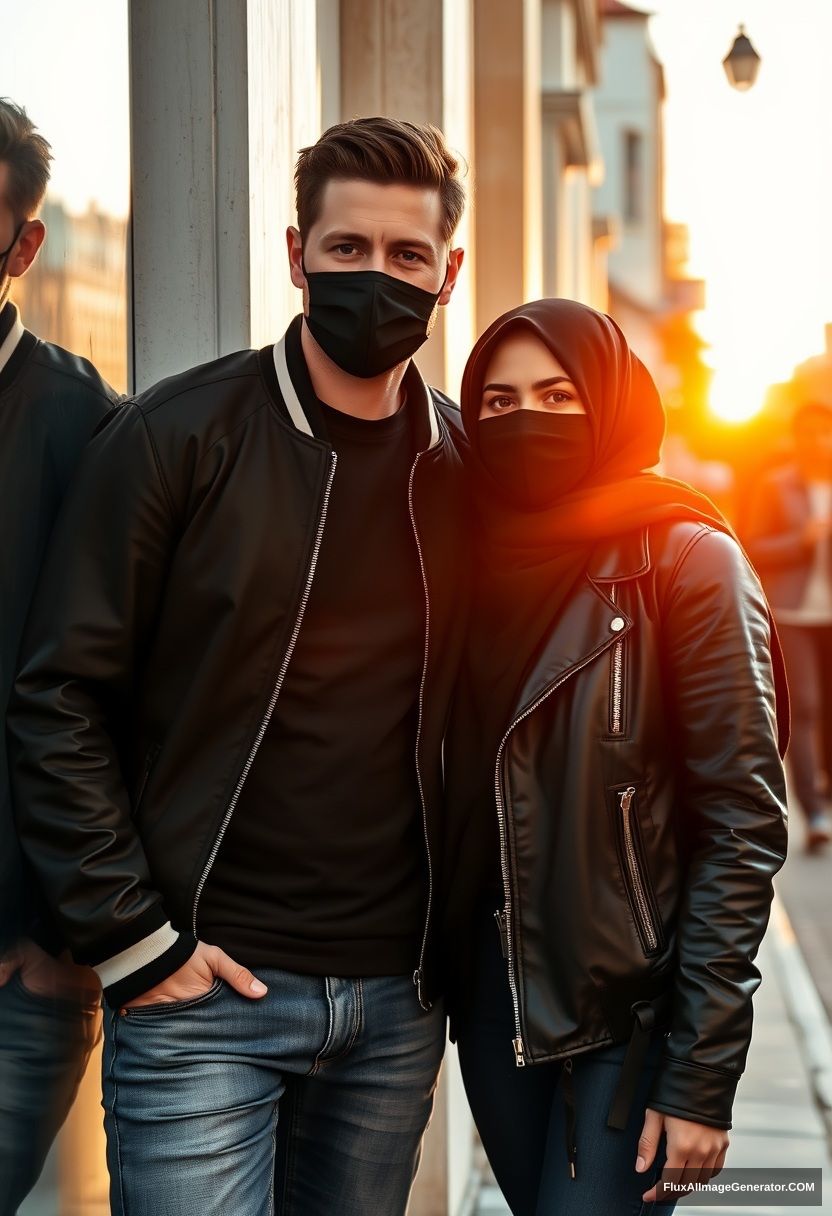 Jamie Dornan, handsome, young, black face mask, collage jacket, jeans, dating a beautiful Muslim girl in a black hijab with beautiful eyes, wearing a black face mask, black leather jacket, standing against a wall, in a town, morning scenery, sunrise, photorealistic, street photography. - Image