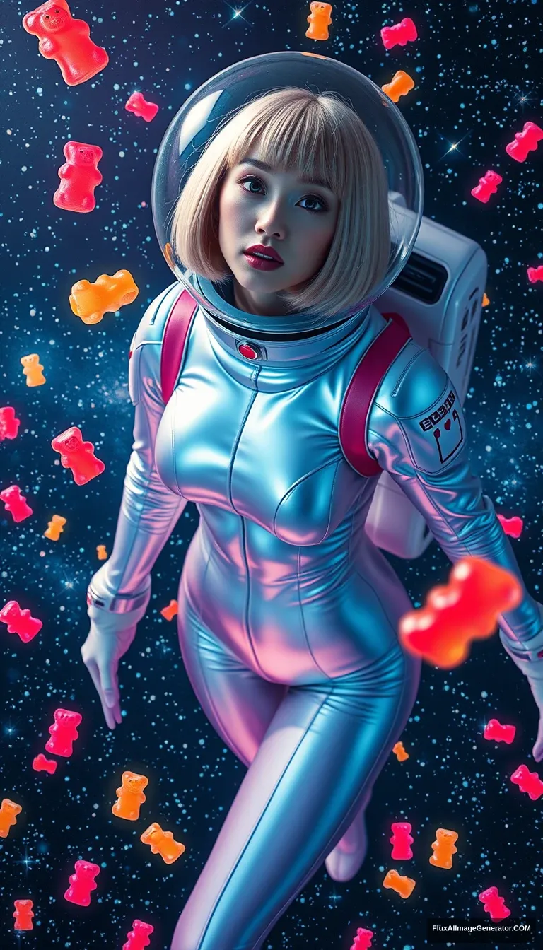 Hajime Sorayama style, beautiful woman, bobbed blonde, with a super delicate K-pop idol face, plump lips, extraordinary figure, long sleeve bodycon spacesuit, a clear spherical helmet, she floats in space, the universe is filled with many bright stars and gummy bears floating, real metal texture, bright colors, glow, anamorphic lens flare, ARRI ALEXA 65.