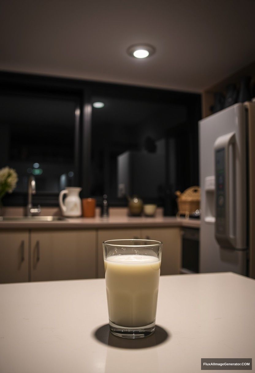 At a modern kitchen, at midnight, gloomy lighting, fresh milk in a glass on a table.