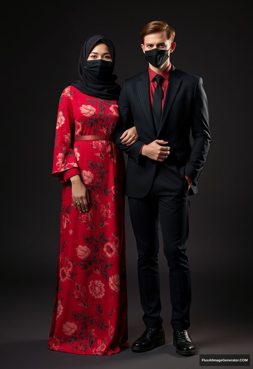 A biggest black hijab girl, beautiful eyes, face mask black, biggest red floral longest dress, not tall, standing, love holding his arm

Jamie Dornan, youngest, black suit coat, red shirt, black tie, black leather sneakers, tall man, face mask black, fit tough body, standing near her, love couple

hyper realistic, studio photography, photorealistic - Image