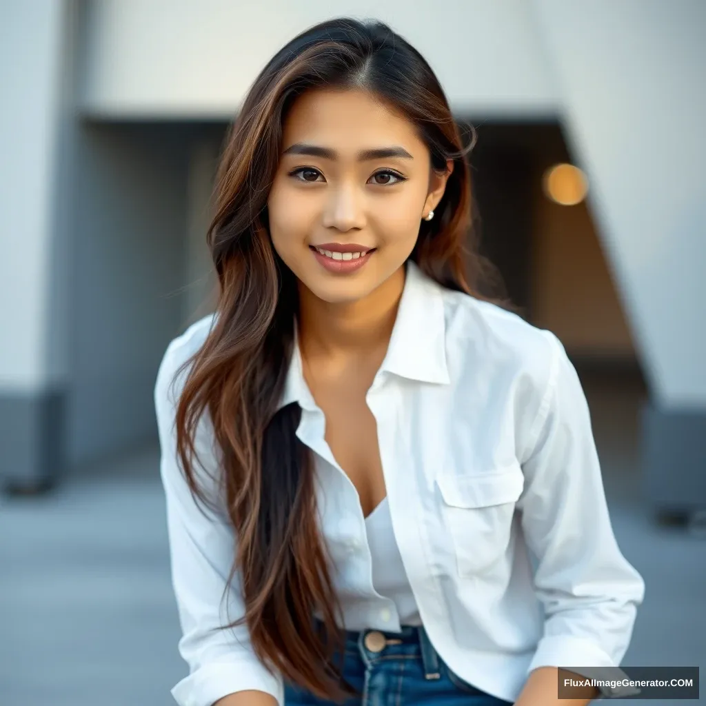 A photo of a pretty young Asian woman, in a white shirt and blue jeans.