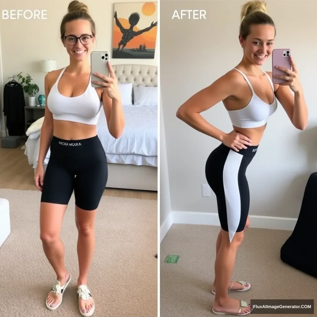 Fitness model influencer Emma's before-after photos. Her waist is half the width of her hips.