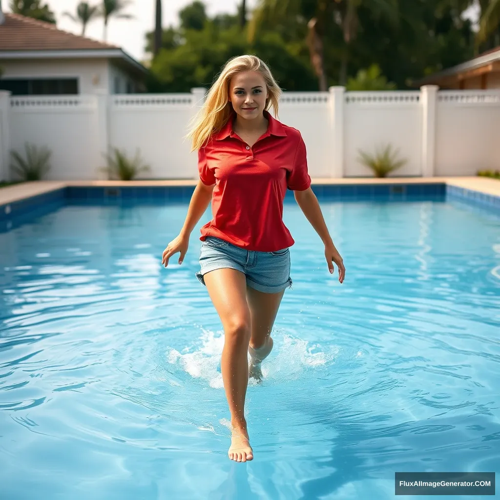 Front view of a young blonde skinny woman who has a good tan and is in her early twenties, in her massive backyard wearing a massively oversized red polo t-shirt that is a bit off-balance on one shoulder, with the bottom part of her t-shirt tucked out. She is also wearing M-sized light blue denim shorts and is barefoot. She dives into her pool, her legs straightened out and halfway underwater, making a small splash. - Image