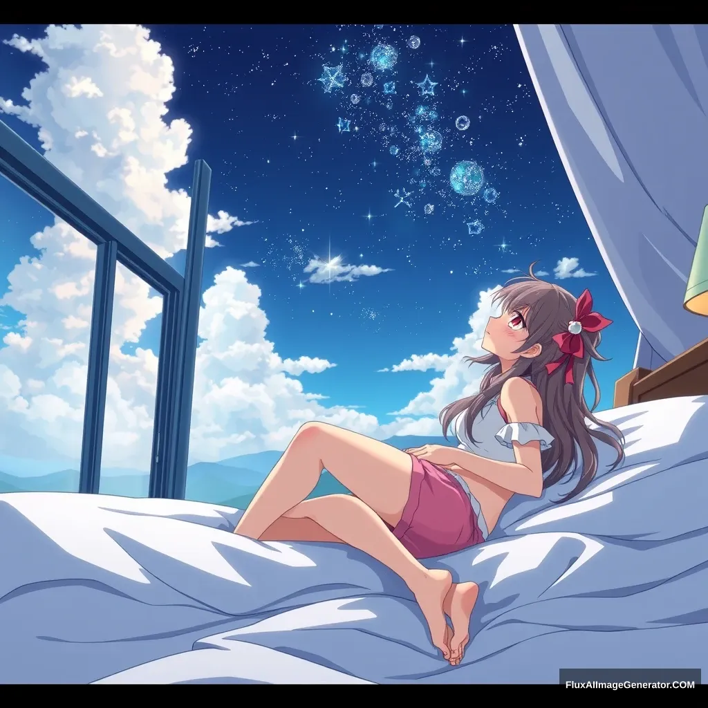 "Anime character lying on the bed, looking at the ceiling, female, 32K UHD, 1990s, majestic pose, scenery, full body, pink shorts."