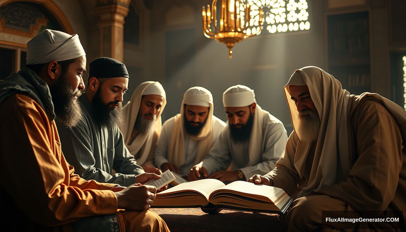 A group of Muslims earnestly studying and discussing the teachings of Prophet Muhammad SAW, set in a tranquil and scholarly environment. Ultra HD, realistic, educational, with warm and cinematic lighting. - Image