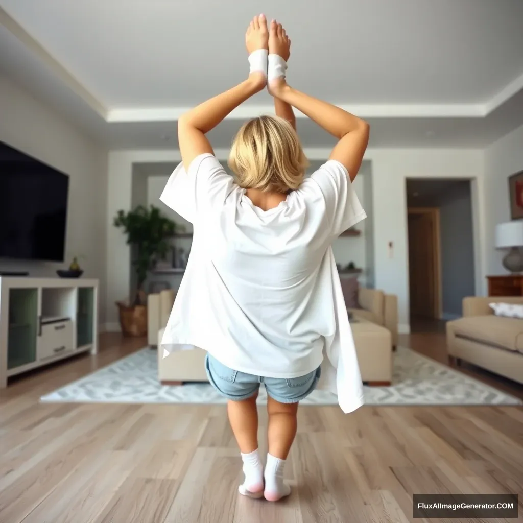 A blonde, slender woman is in her spacious living room, dressed in an extremely oversized white t-shirt that hangs unevenly on one shoulder, paired with light blue denim shorts that are not rolled up. She is wearing white socks but no shoes. Facing her TV, she dives headfirst with both arms raised beneath her head, which is tilted upwards, while her legs are lifted in the air, creating a -60 degree angle. - Image