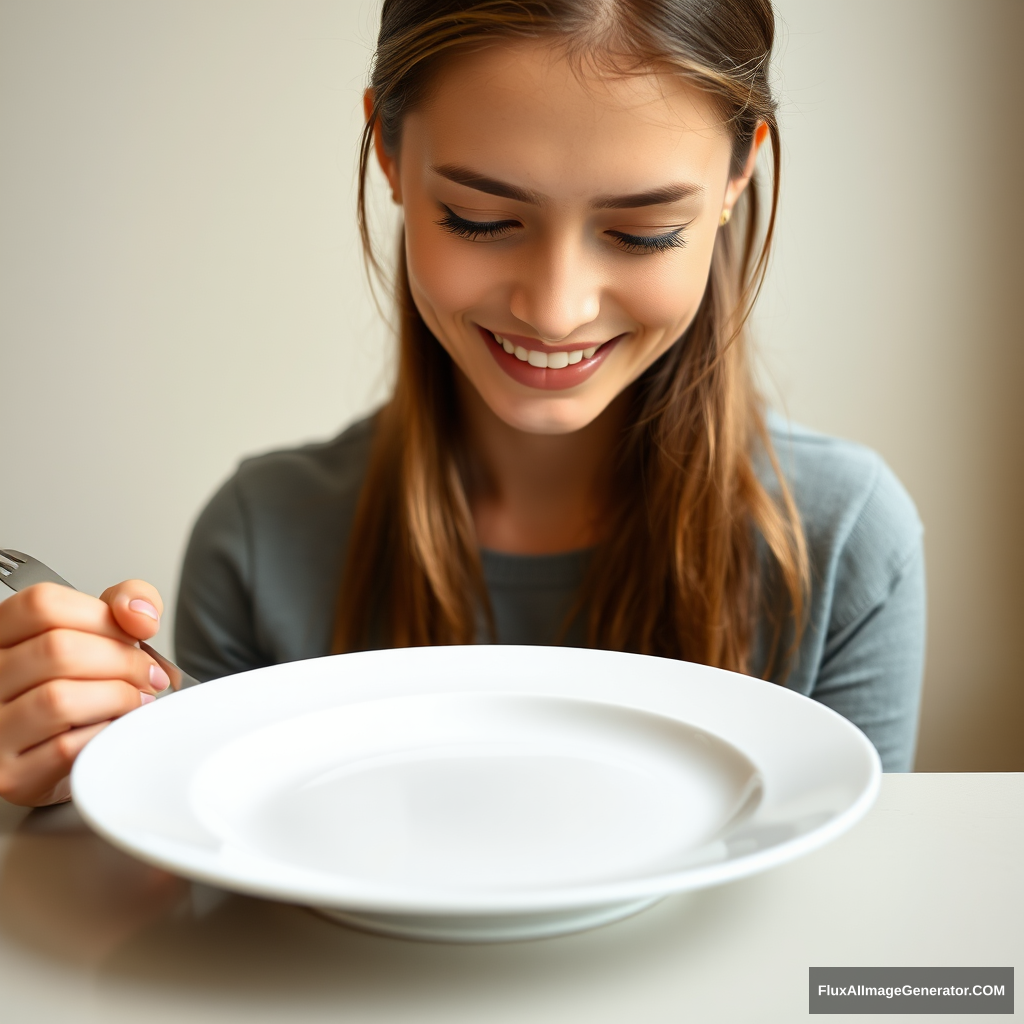 Young woman in front of an empty plate. The woman is looking down at the plate. The woman is holding a fork. The plate is on a table. The woman is smiling. - Image