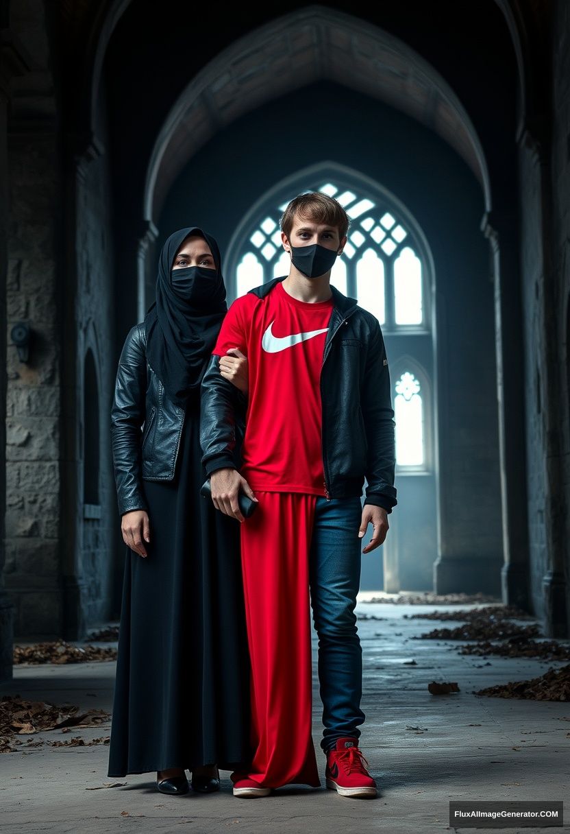 A biggest black hijab girl, beautiful eyes, black face mask, black leather jacket, biggest red longest dress, not tall, standing holding his arm,

Jamie Dornan, handsome, youngest, black face mask, fit and tough body, Nike red t-shirt, black leather jacket, jeans, red sneakers, tall man,

Hyper realistic, photorealistic, studio photography, Victoria's abandoned castle, gloomy. - Image