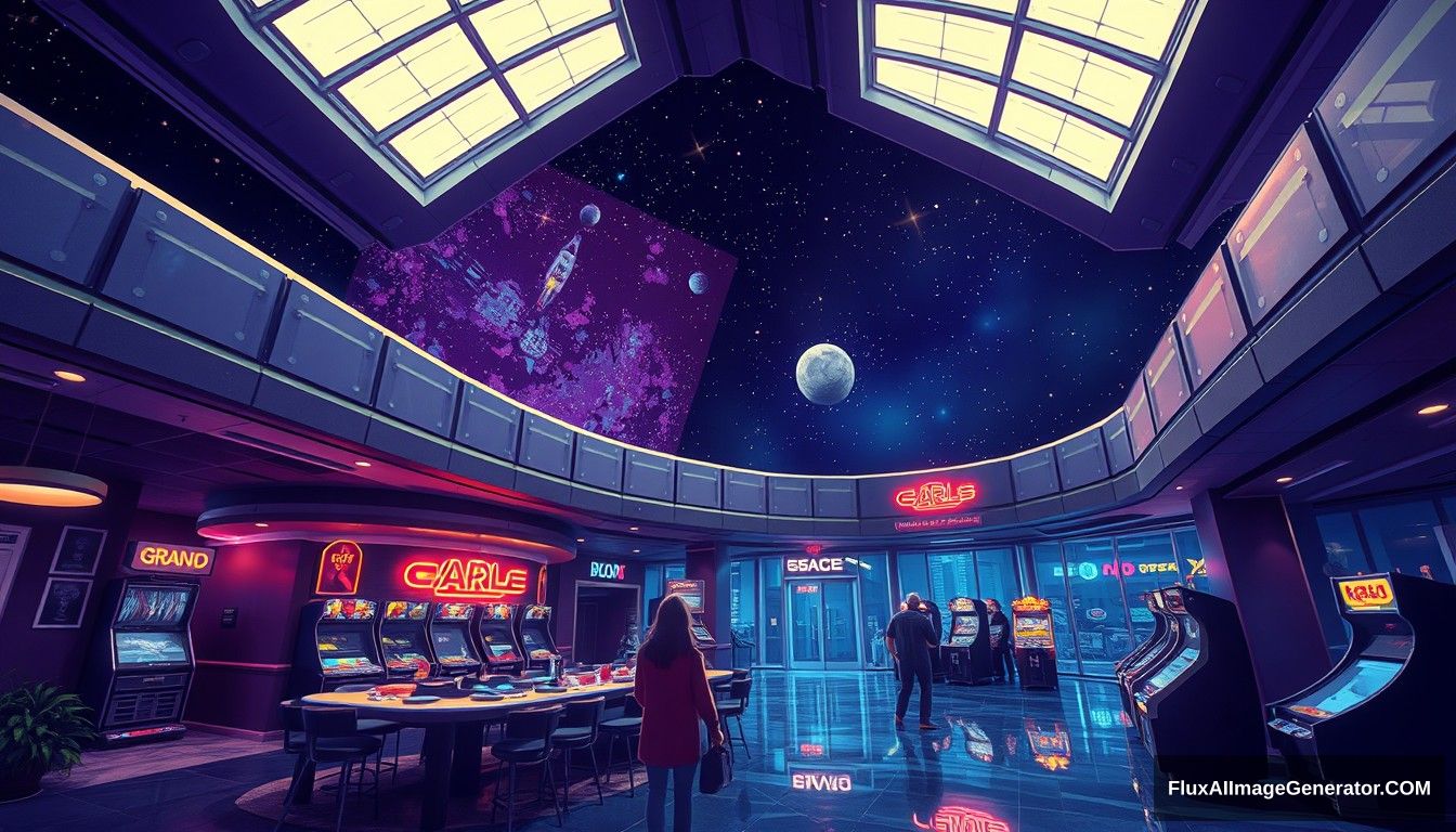 cel shaded art, wide shot, from above, Dutch angle, from side, perspective, intense angle, depth of field, space, universe, space station, lobby, sunlight, retro, 70s, indoor, night, star, neon, warm light, game room, entertainment, glass ceiling. - Image