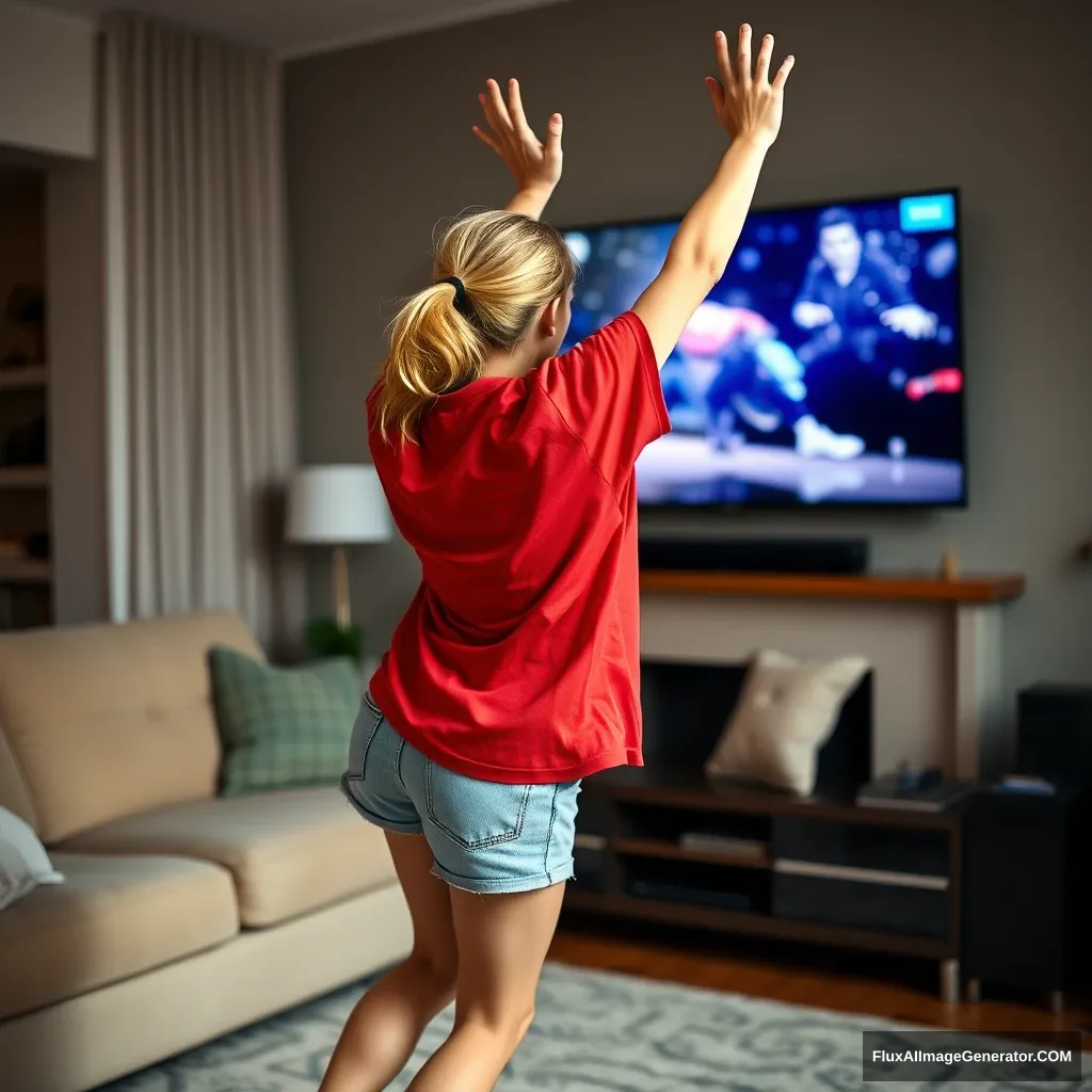 A side view of a skinny blonde woman in her early twenties is in her large living room wearing a massively oversized red polo t-shirt, which is slightly off-balance on one shoulder, and the bottom part of her t-shirt is untucked. She is also wearing light blue denim shorts and has no shoes or socks on. Facing her TV, she dives into the magical screen, raising her arms so quickly that they become blurry. - Image