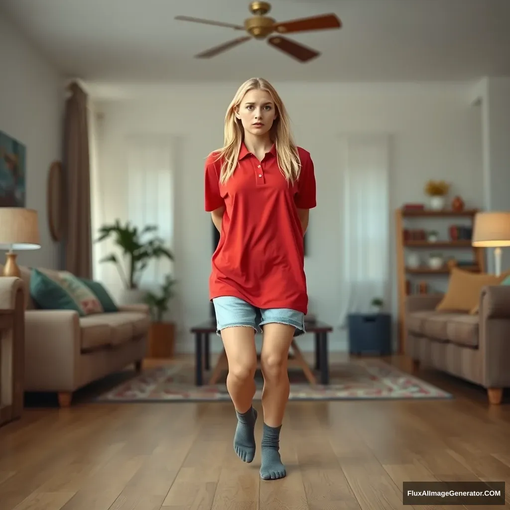 Front view of a skinny blonde woman in her early twenties is in her massive living room, wearing a massively oversized red polo t-shirt that hangs unevenly from one shoulder and is untucked. She is also wearing light blue denim shorts, no shoes, and grey socks. She faces the camera, looking worried, and runs towards the camera with both arms straight down.