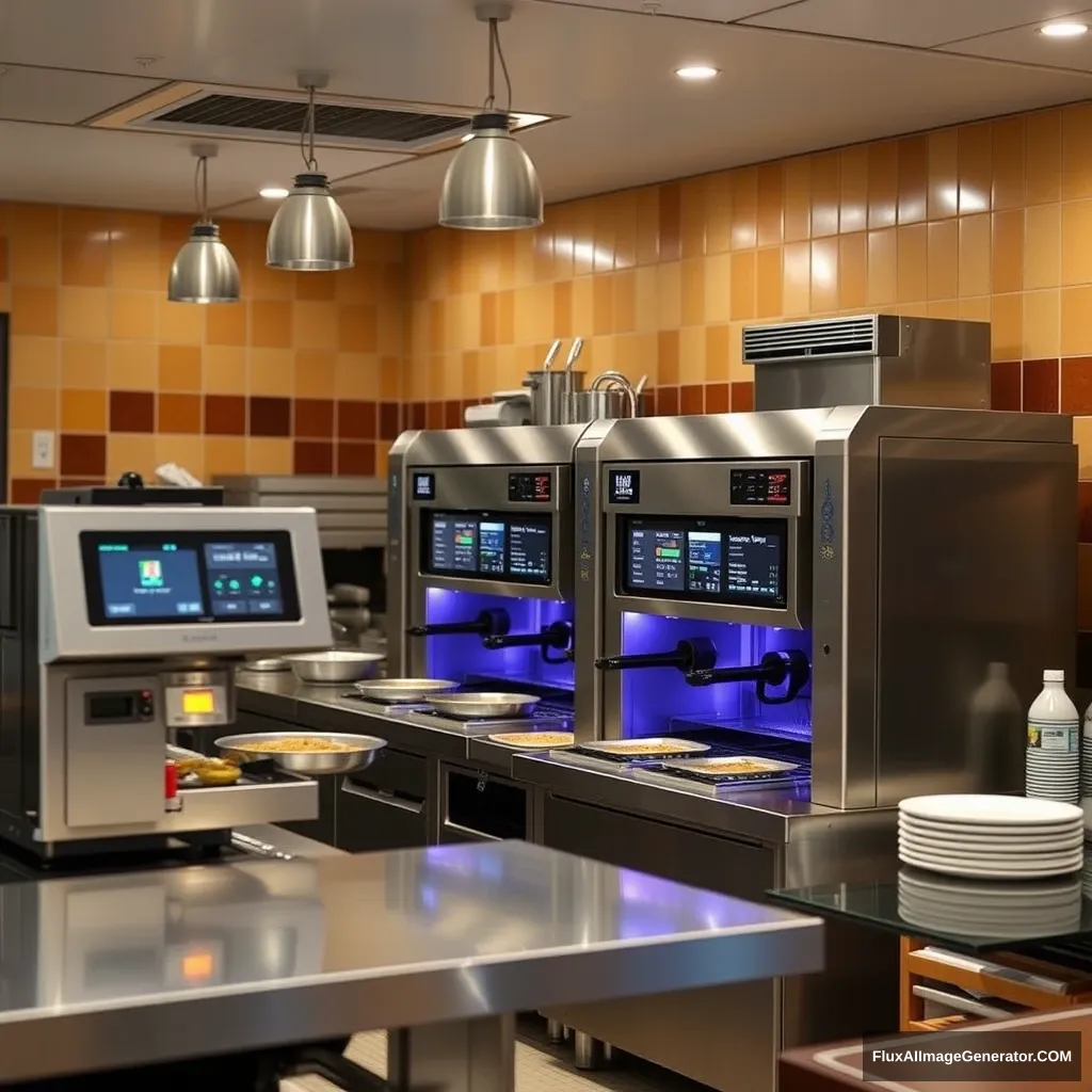 A restaurant's kitchen has fully automated cooking machines.