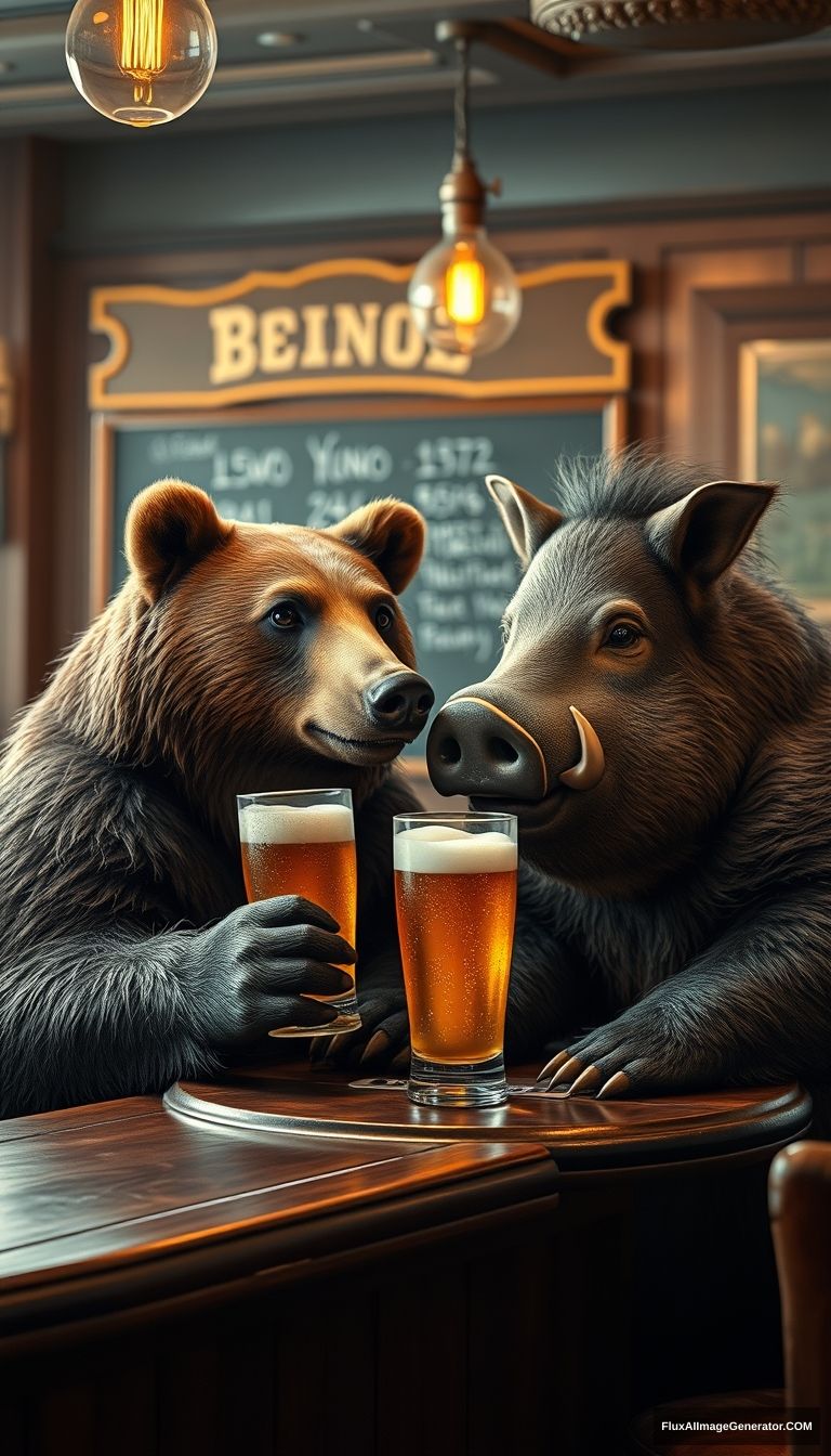 a photorealistic bear and a boar having beer together at a bar - Image