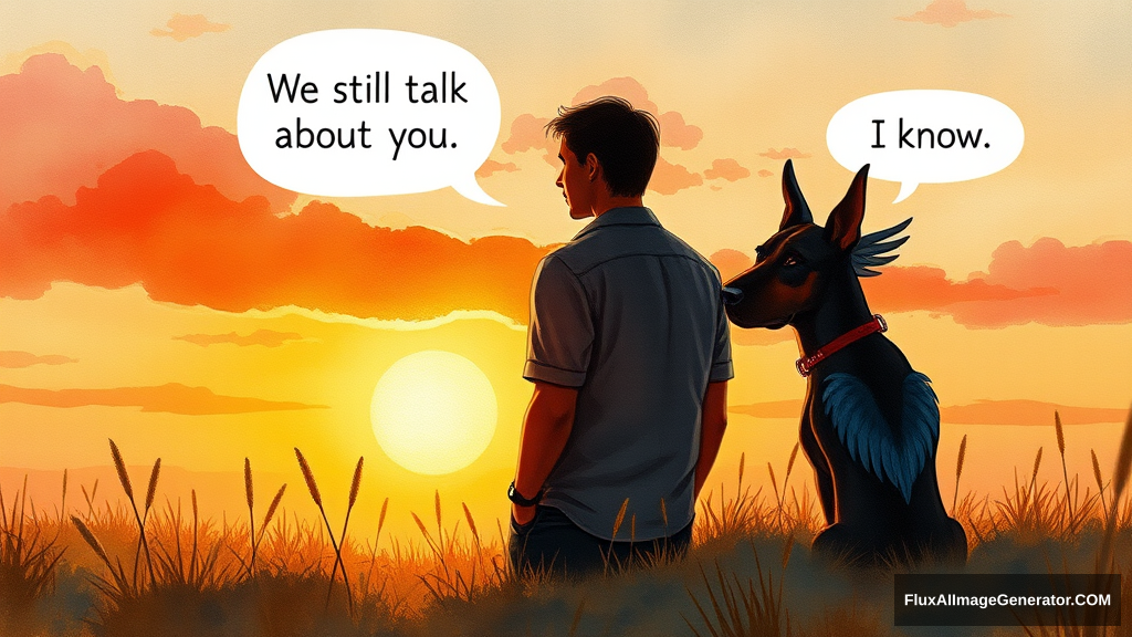 watercolor illustration: male figure in meadow at golden hour, silhouetted against vibrant sunset sky. Winged canine doberman companion sat beside. facing away from the viewer, Speech bubbles float above: "We still talk about you" (person), "I know" (dog). Nostalgic atmosphere, brushstrokes convey wistful longing. Warm palette, dreamy textures.