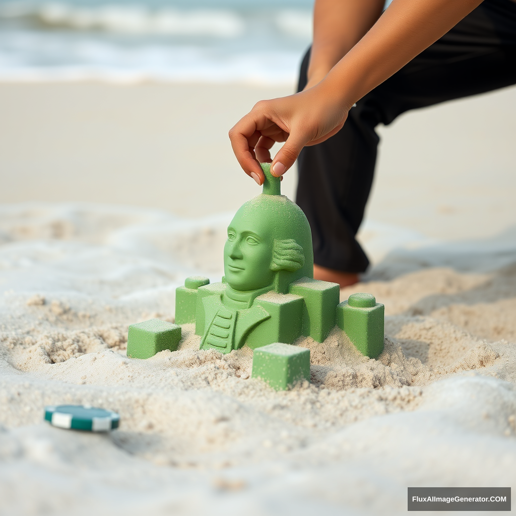 A person building a green sandcastle shaped like George Washington while waves made of gambling chips approach.