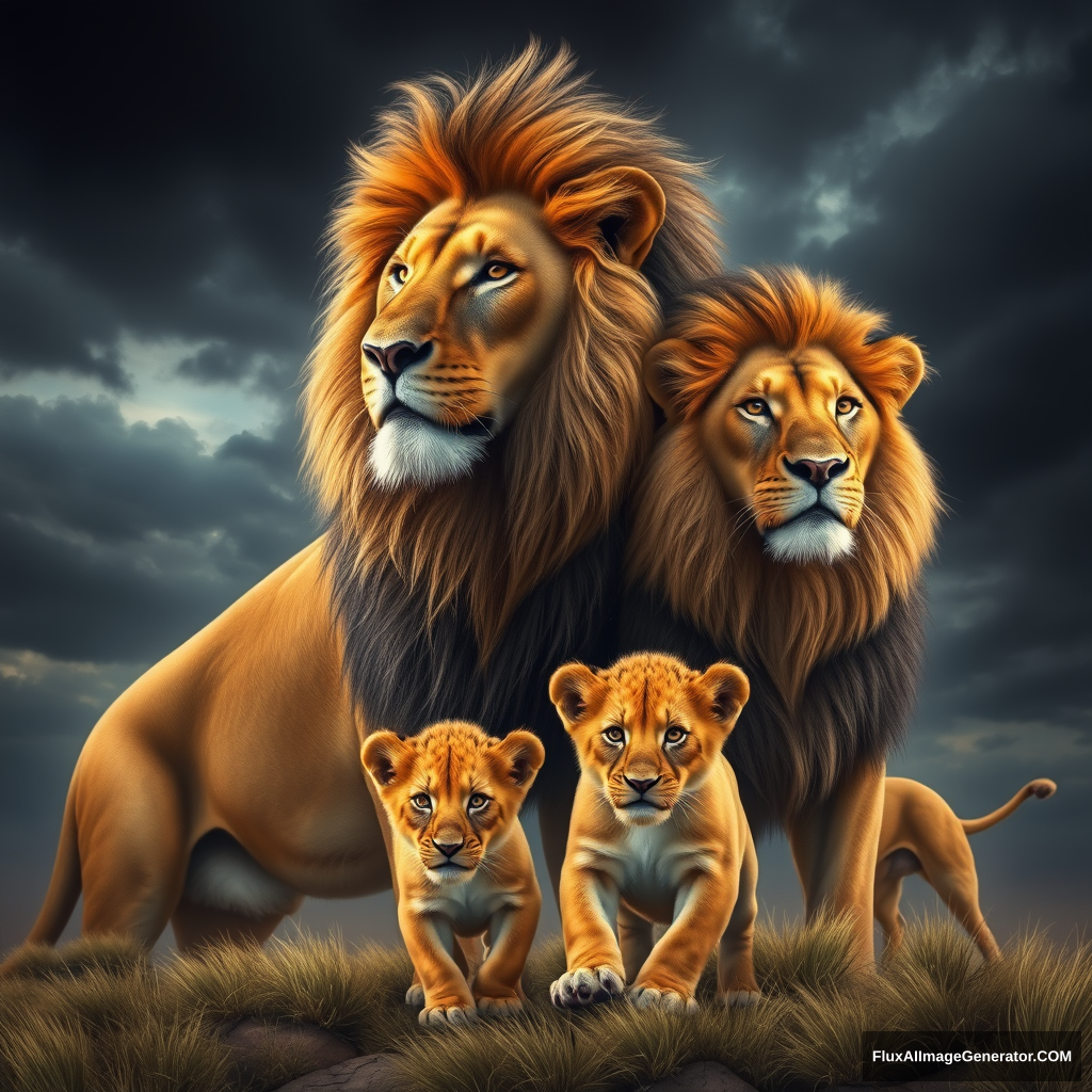 Create a dramatic image of a lion family. The scene includes a majestic male lion with a flowing mane, a protective lioness, and two playful lion cubs in the foreground. The background features a stormy sky with dark clouds, enhancing the dramatic effect. The lions should be depicted with realistic detail and a sense of unity, emphasizing their familial bond and strength. - Image