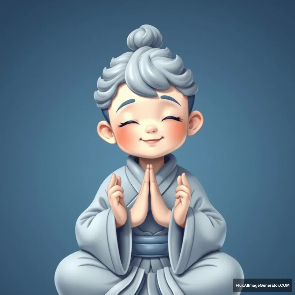 A graceful, meditating Taoist boy, smiling, with hands in prayer position, in an overall blue style, leaning more towards a realistic depiction.