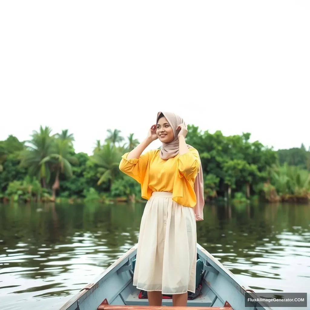 'In a rowing boat on a river, a standing woman in a light skirt and yellow open blouse, smiling and tying a headscarf with her hands.'