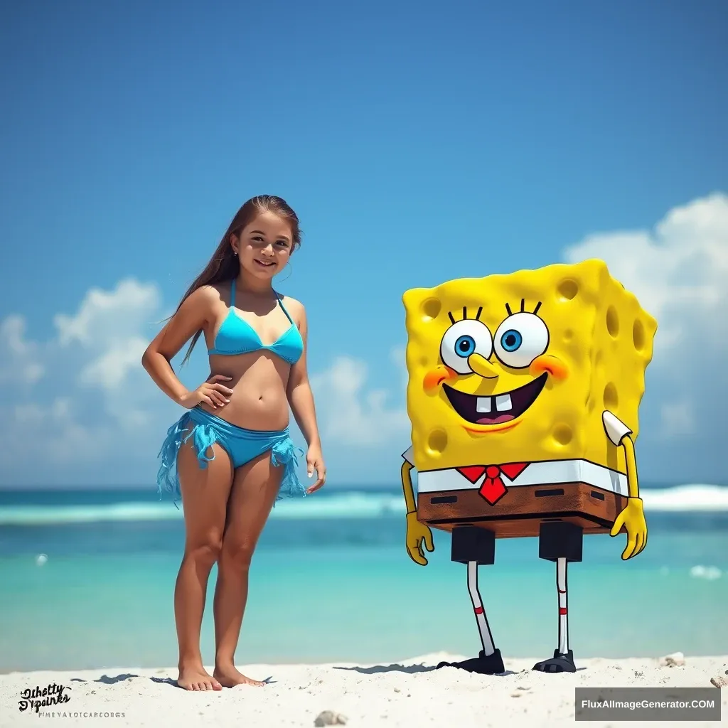 A 20-year-old girl, standing on the beach, wearing a blue bikini, next to SpongeBob SquarePants.