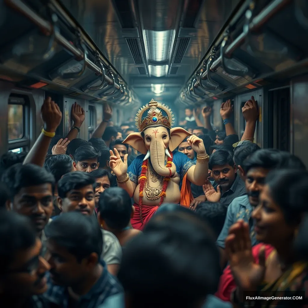 Lord Ganesha, depicted as a real human god, traveling in a packed Mumbai local train during the peak rush hour. The train is crowded, with every inch of space filled by daily commuters, all jostling for room. Ganesha, standing calmly amidst the crowd, blends in with the other passengers with a touch of divine aura.

The scene should capture the essence of Mumbai's local trains: the hustle and bustle, the energy, and the diversity of people—office workers, students, and vendors—all squeezed together, holding onto the overhead handles or leaning against the doors. Despite the cramped space, there’s a sense of excitement in the air as a few passengers recognize Ganesha. Their expressions range from surprise to joy, with some whispering among themselves and others offering a silent prayer. unreal engine, 4k, evening time, little duct, smiling faces, happy, fast, speed, Mumbai local train, dark environment.