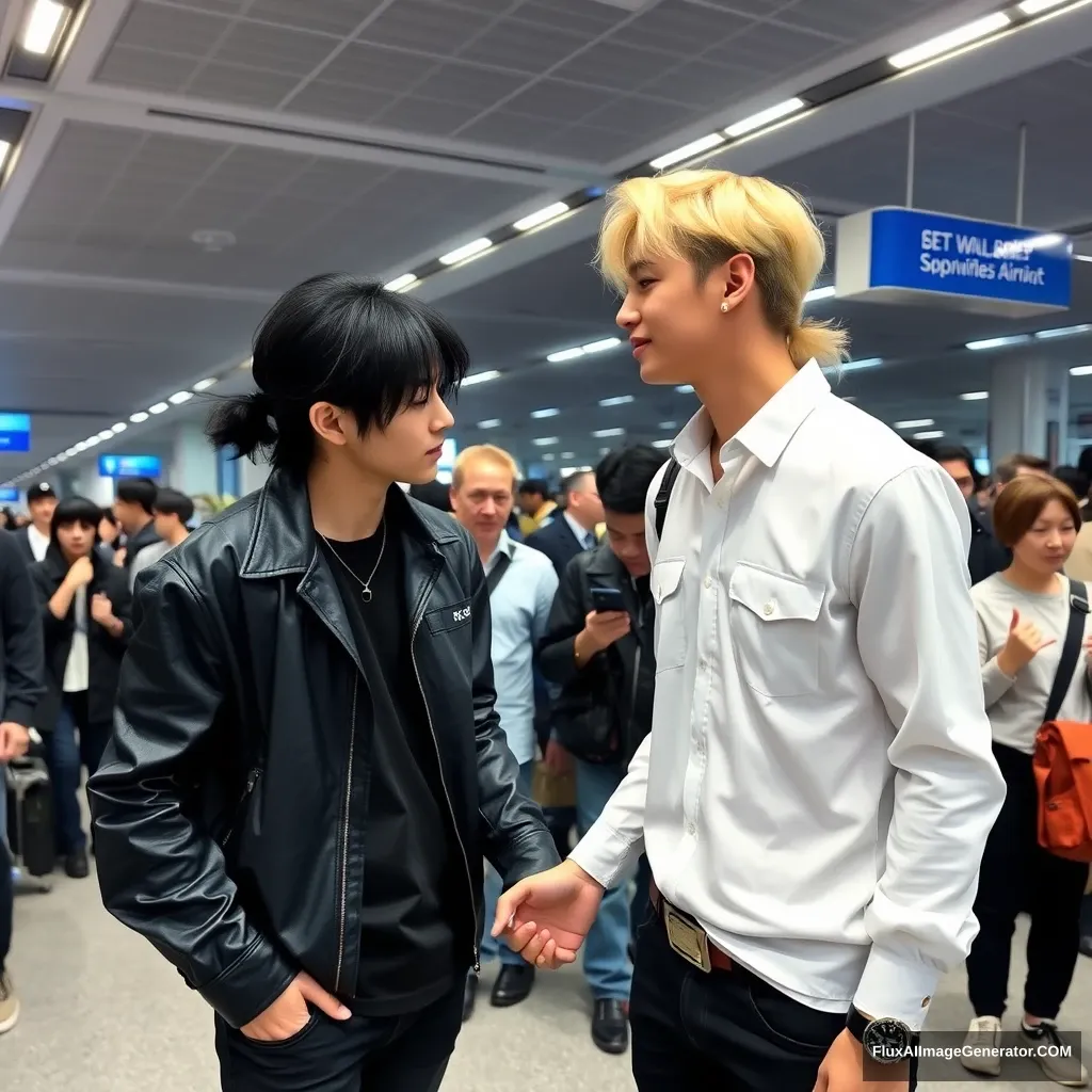 A man with ear-length blond hair and another man with low pony-tailed black hair are holding each other's hands in front of a large crowd at the airport, both styled like K-pop idols. - Image