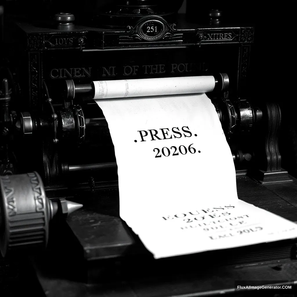 grayscale 1700s printing machine printing a paper that says exactly "..PRESS 2O6.." - Image