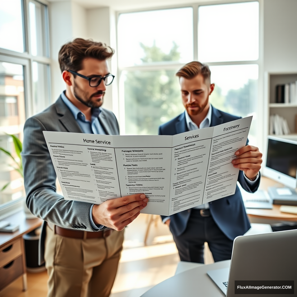 Create an immersive, hyper-realistic image of a homebuyer reviewing a detailed service brochure from their real estate agent in a bright and modern home office. The brochure should list various services and fees with clear diagrams. The homebuyer, dressed in smart-casual attire, should look impressed and contemplative. The home office should have large windows, a neat desk, and shelves with real estate literature, reflecting the professionalism and expertise required.