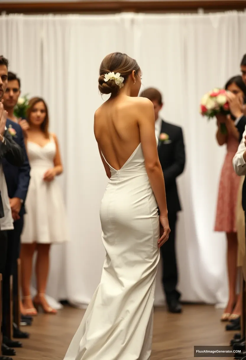 A short young woman, sensitive, delicate, ashamed, wearing a backless, strapless, side-less, low-waisted, open-back contouring wedding dress with a very loose top that seems like it’s going to fall at any moment, in front of patriarchy, expectations. - Image