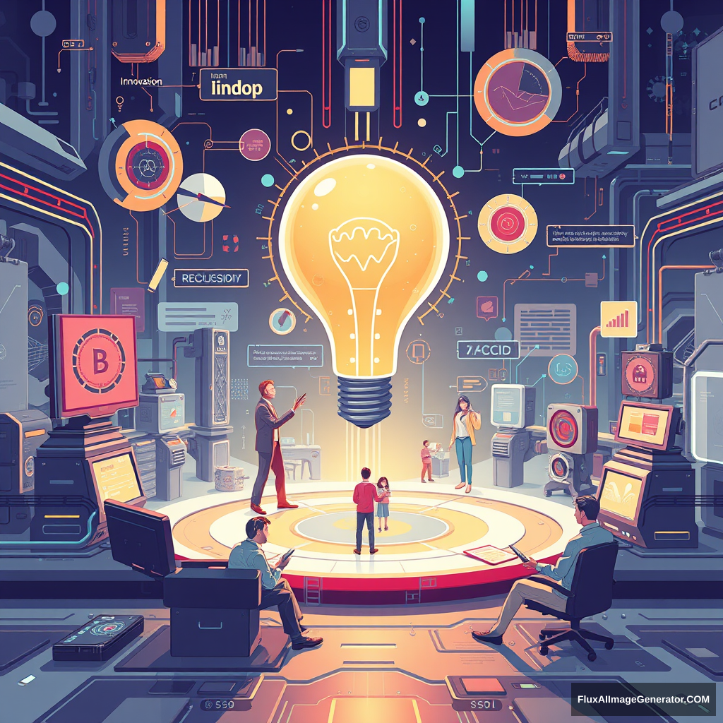 A futuristic, tech-inspired illustration depicting the concept of "innovation." The scene should highlight that innovation doesn't appear out of nowhere but is based on existing knowledge and experience. It involves logical analysis, synthesis, and reasoning, blending information to generate new ideas and solutions. Include elements representing analysis, induction, deduction, and reasoning, as well as moments of insight, intuition, and subconscious inspiration.