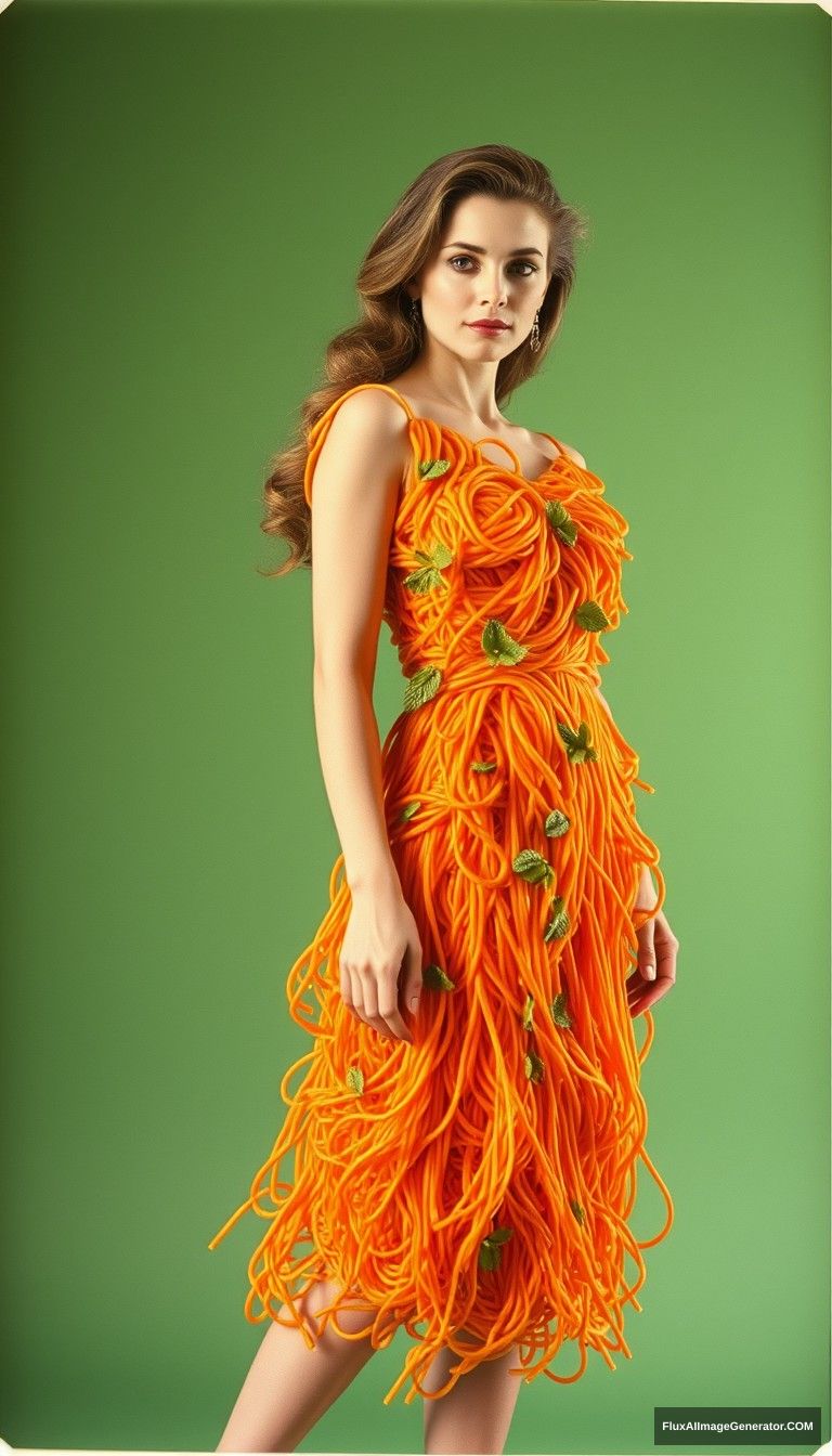 Blurry polaroid, 1980s. A fashion model stands gracefully against a muted green background, wearing a striking dress made entirely of vibrant orange spaghetti noodles. The dress is intricately designed, with the noodles cascading and twisting around her figure, creating a unique and artistic silhouette. Delicate green mint leaves are scattered throughout the dress, adding a pop of color and a fresh touch. The model has long, wavy hair styled elegantly, and her expression is serene and confident. The lighting is soft, enhancing the textures of the noodles and the overall whimsical vibe of the outfit. - Image