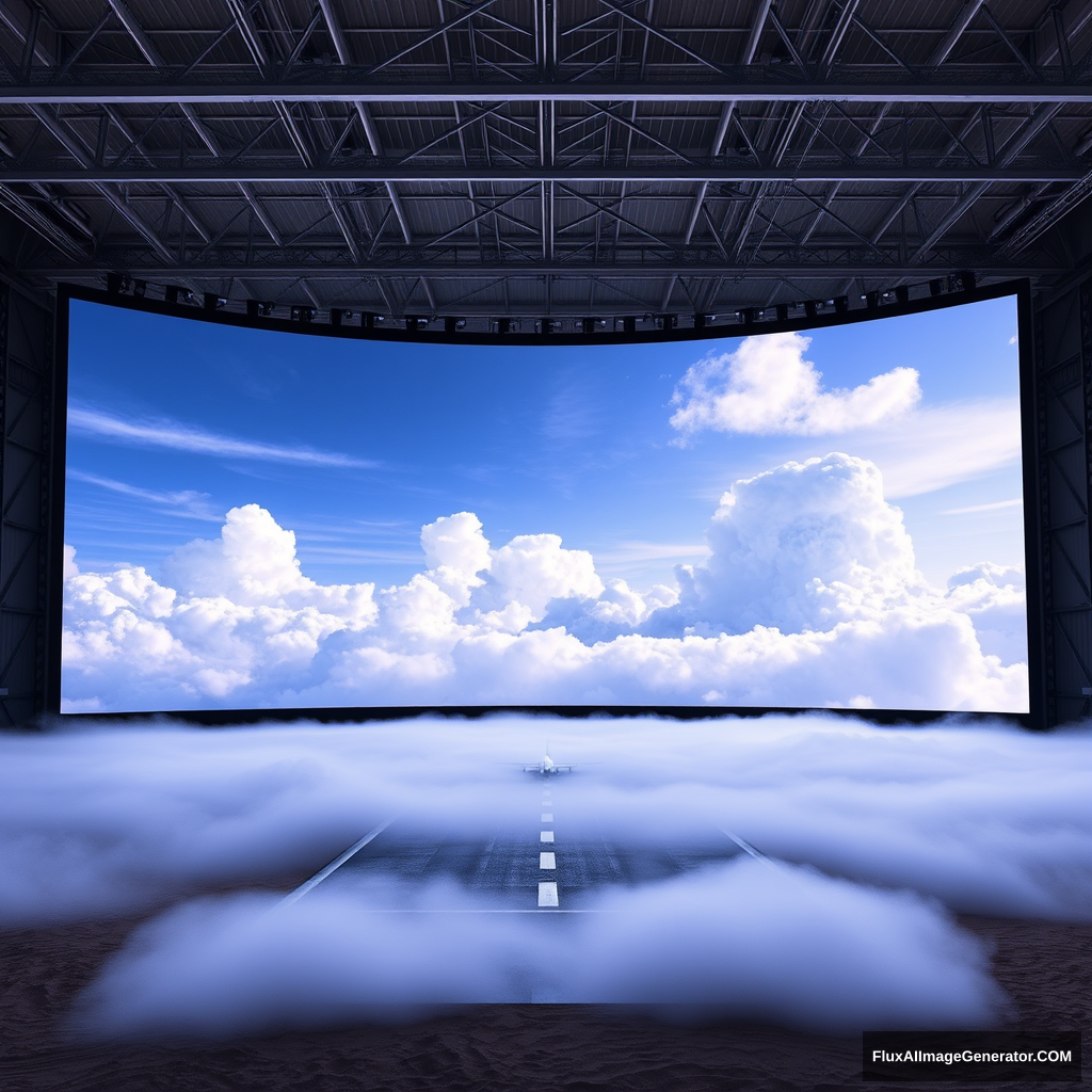 1100 feet tall, 2350 feet wide screen displaying clouds and sky with a tiny little runway leading from a vantage point to the screen, the runway's vantage point getting larger as it comes to the forefront of the overall image on a beach, with an overall theme reminiscent of the movie 300 or Kanye West's "Blood on the Leaves." Fog on the sides of the runway completely filling all space, leaving no gaps, making only the runway visible on the floor area, but not extending over the runway itself, only in the side areas. No people in the image. Overall image in 4k. Change the sky to an all-white wall like a photographer's white room in a giant warehouse-like space that seems endless with no ceiling or other walls.