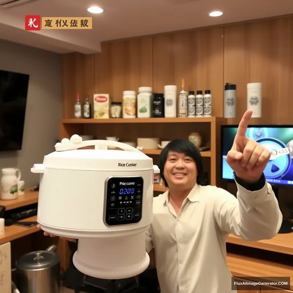 In the rice cooker live streaming room, the host is promoting products, holding the rice cooker in the left hand and pointing to the sky with the right hand.