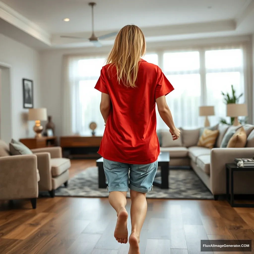 Back view of a blonde skinny woman who is in her massive living room wearing a massively oversized red polo t-shirt, which is off balance on one of the shoulders, and oversized light blue denim shorts that aren't rolled up. She is not wearing shoes or socks, and she faces the camera while getting off her chair and runs towards it.