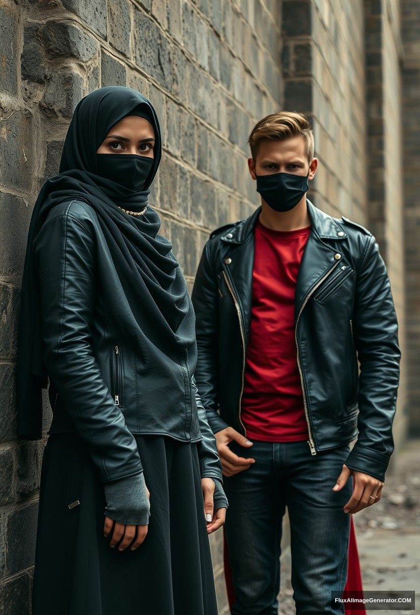 A big black hijab girl, beautiful eyes, black face mask, black leather jacket, the longest big red dress, not tall,

Jamie Dornan, handsome, black face mask, fit and tough body, red metal t-shirt, black leather jacket, jeans, tall man,

standing near a wall together,
Hyper-realistic, photorealistic, street photography, Victoria's abandoned castle, gloomy.