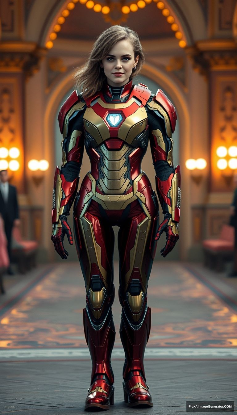 Emma Watson wears Iron Man styled armor, red-gold metallic boots, 8K, unreal engine. - Image