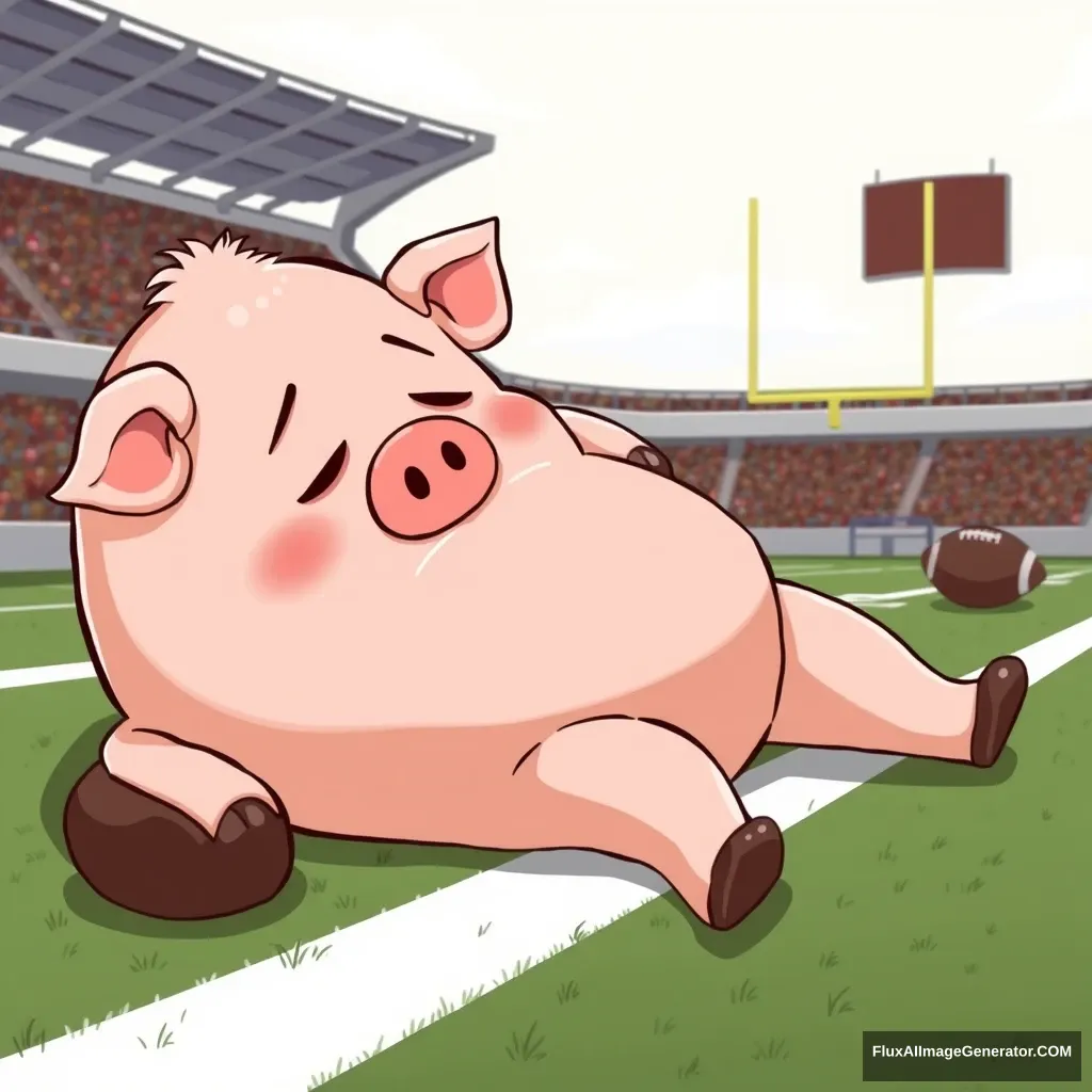 A personified piece of pork belly, lounging at the side of a football field to rest, in a cartoon style, not depicted as a pig.