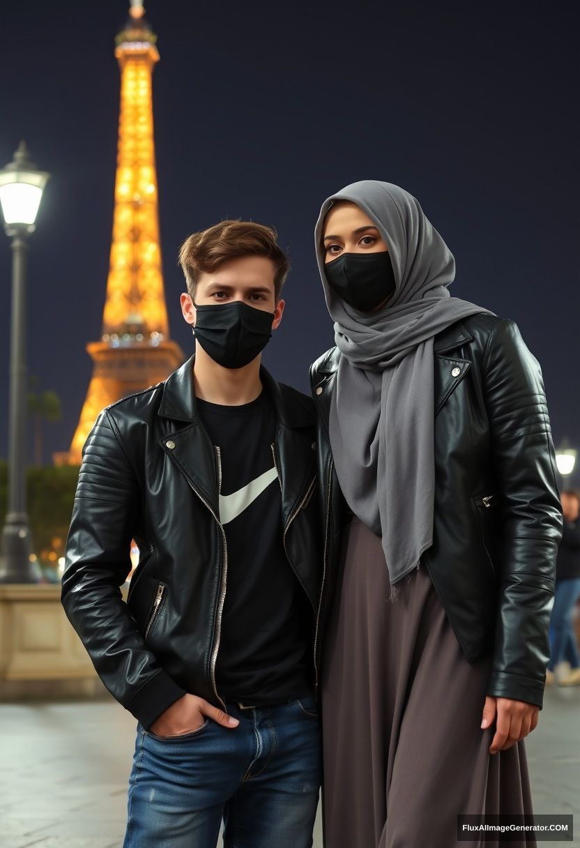 Jamie Dornan, young, black face mask, black leather jacket, Nike t-shirt, jeans,

Dating, love with the biggest grey hijab Muslim girl, beautiful eyes, black face mask, leather jacket, the biggest longest skirt, cute,

standing near the Eiffel Tower, night scenery, hyper-realistic, photorealistic, street photography. - Image