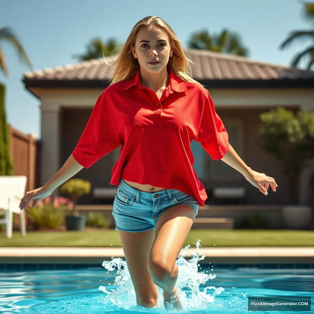 Front view of a young blonde skinny woman who has a good tan is in her early twenties in her massive backyard wearing a massively oversized red polo t-shirt, which is a bit off balance on one of the shoulders, and the bottom part of her t-shirt isn't tucked in. She is also wearing M-sized light blue denim shorts and no shoes or socks. She dives into her pool, her legs straightened out and halfway underwater, making a big splash.