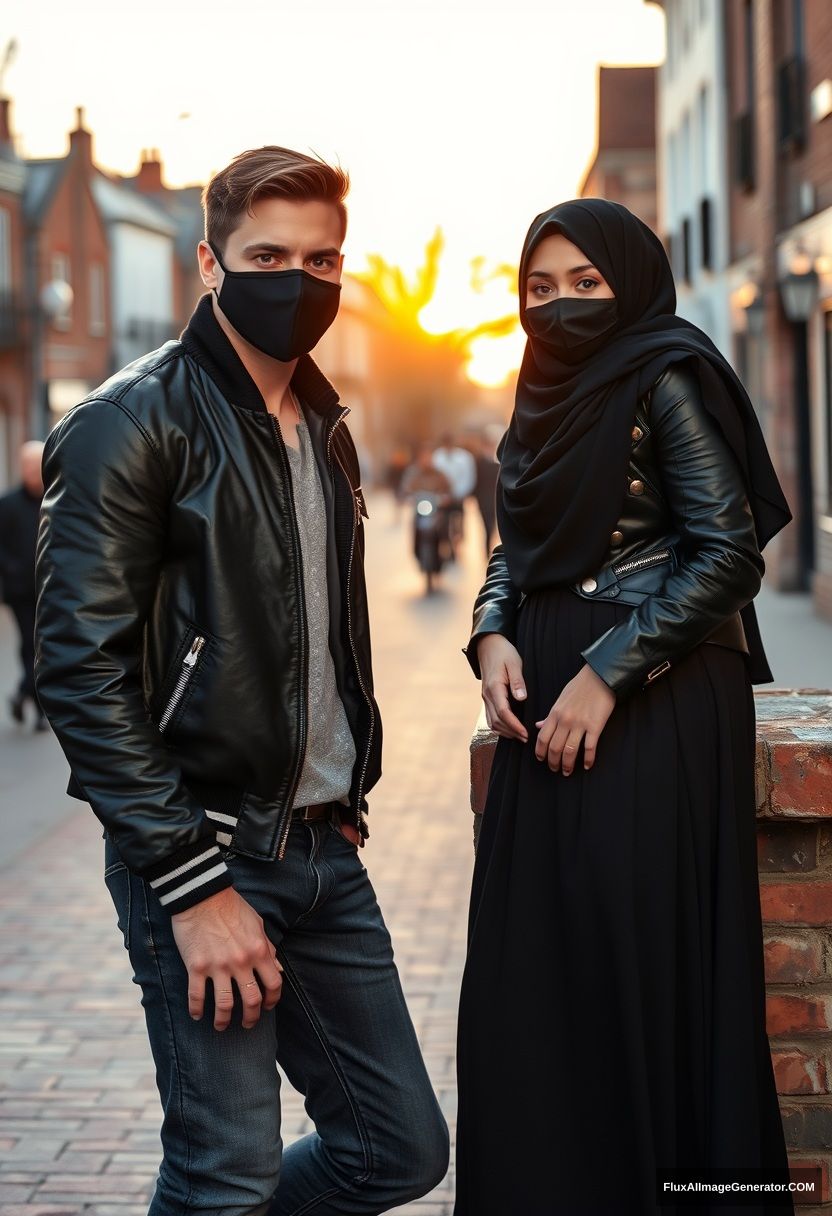 Jamie Dornan, handsome, young, black face mask, collage jacket, jeans, dating a beautiful Muslim girl in a big black hijab, with beautiful eyes, black face mask, black leather jacket, the biggest skirt, standing and lying at a brick wall, town, morning scenery, sunrise, photorealistic, street photography.